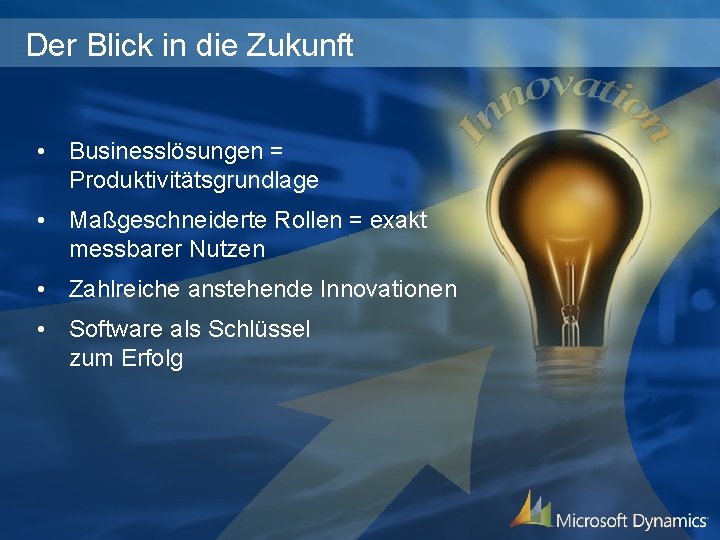 Der Blick in die Zukunft • Businesslösungen = Produktivitätsgrundlage • Maßgeschneiderte Rollen = exakt