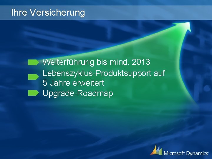 Ihre Versicherung Weiterführung bis mind. 2013 Lebenszyklus-Produktsupport auf 5 Jahre erweitert Upgrade-Roadmap 