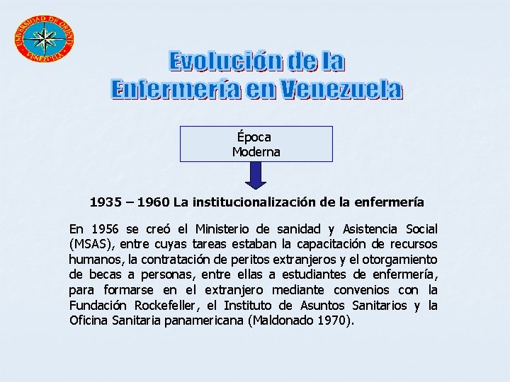 Época Moderna 1935 – 1960 La institucionalización de la enfermería En 1956 se creó
