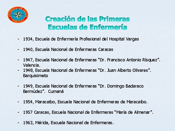 - 1934, Escuela de Enfermería Profesional del Hospital Vargas - 1940, Escuela Nacional de