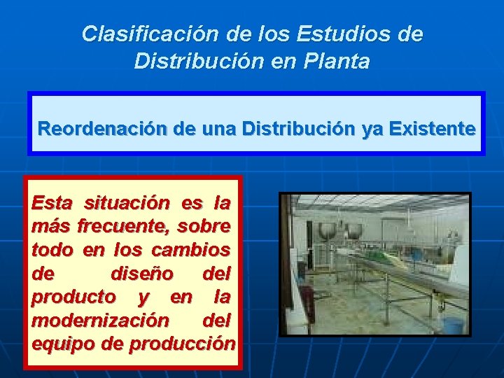 Clasificación de los Estudios de Distribución en Planta Reordenación de una Distribución ya Existente