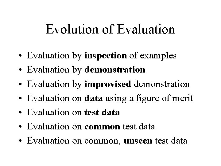 Evolution of Evaluation • • Evaluation by inspection of examples Evaluation by demonstration Evaluation