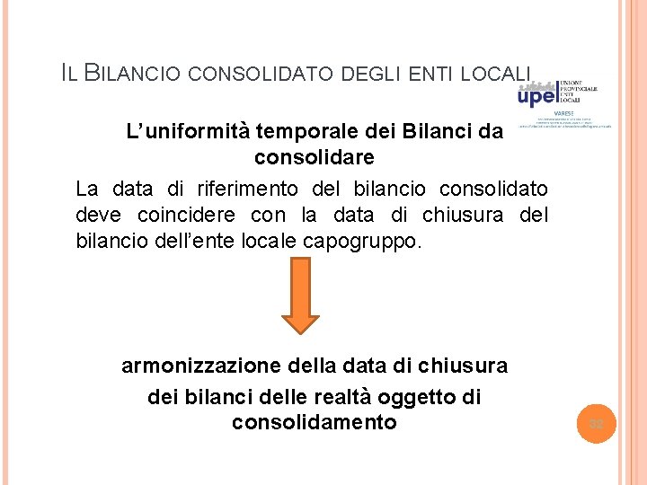 IL BILANCIO CONSOLIDATO DEGLI ENTI LOCALI L’uniformità temporale dei Bilanci da consolidare La data