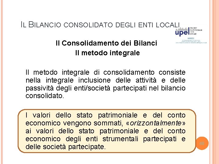 IL BILANCIO CONSOLIDATO DEGLI ENTI LOCALI Il Consolidamento dei Bilanci Il metodo integrale di