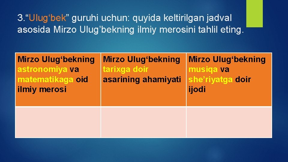 3. “Ulug‘bek” guruhi uchun: quyida keltirilgan jadval asosida Mirzo Ulug’bekning ilmiy merosini tahlil eting.