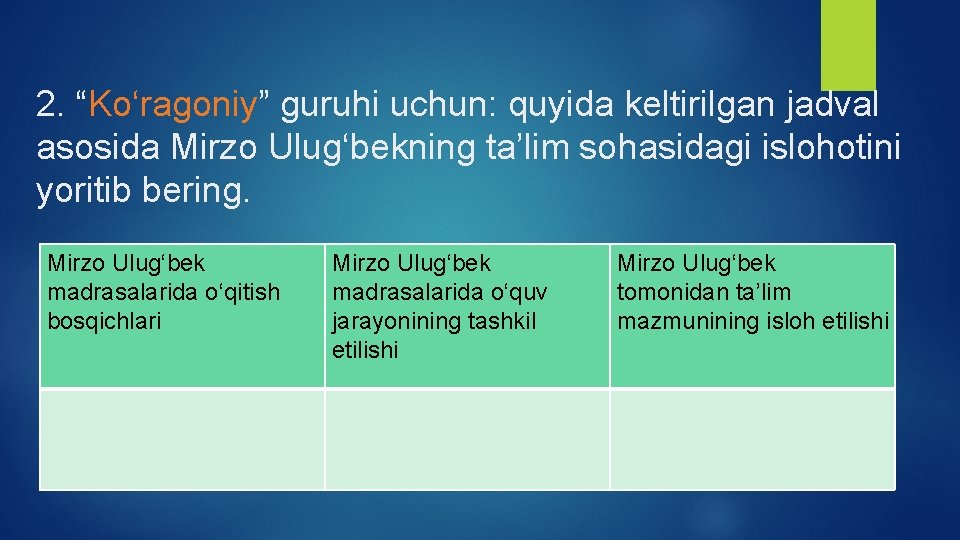 2. “Kо‘ragoniy” guruhi uchun: quyida keltirilgan jadval asosida Mirzo Ulug‘bekning ta’lim sohasidagi islohotini yoritib