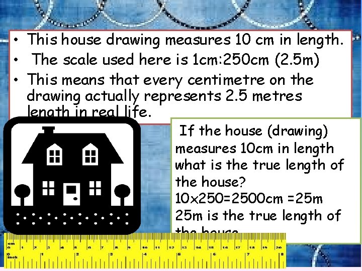  • This house drawing measures 10 cm in length. • The scale used