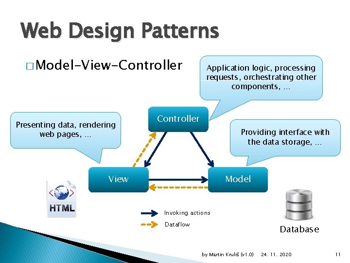 Web Design Patterns � Model-View-Controller Presenting data, rendering web pages, … Application logic, processing