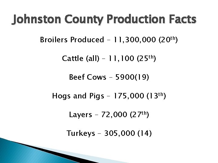 Johnston County Production Facts Broilers Produced – 11, 300, 000 (20 th) Cattle (all) Johnston County Production Facts Broilers Produced – 11, 300, 000 (20 th) Cattle (all)