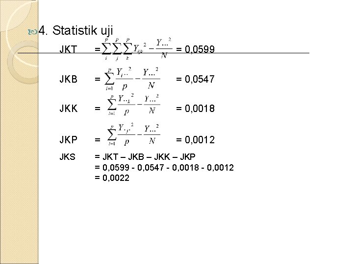 4. Statistik uji JKT = = 0, 0599 JKB = = 0, 0547