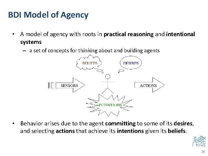 BDI Model of Agency • A model of agency with roots in practical reasoning