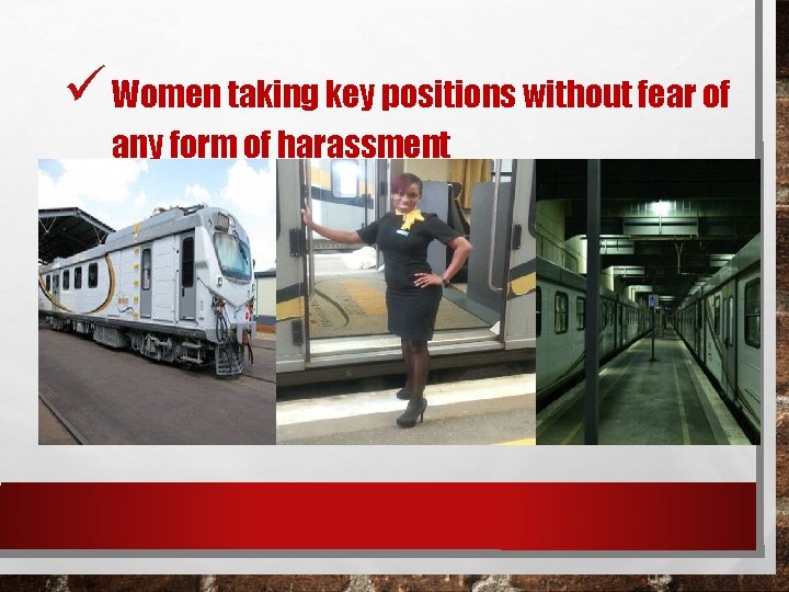 ü Women taking key positions without fear of any form of harassment 