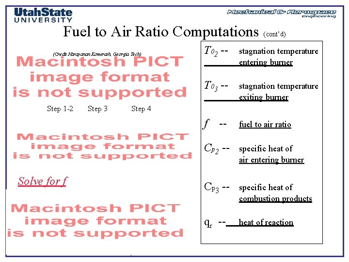 Fuel to Air Ratio Computations (cont’d) (Credit Narayanan Komerath, Georgia Tech) Step 1 -2