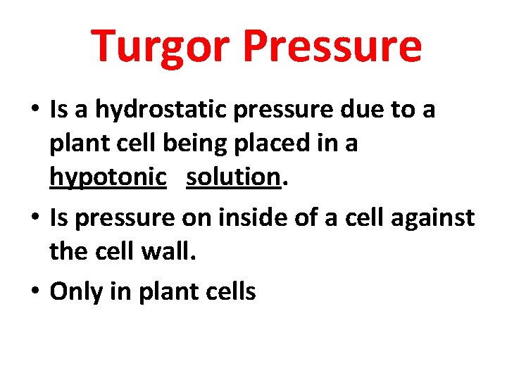 Turgor Pressure • Is a hydrostatic pressure due to a plant cell being placed