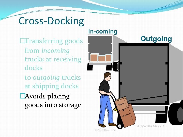 Cross-Docking In-coming �Transferring goods from incoming trucks at receiving docks to outgoing trucks at