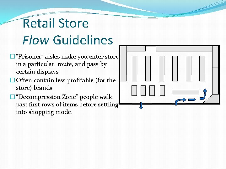 Retail Store Flow Guidelines � “Prisoner” aisles make you enter store in a particular