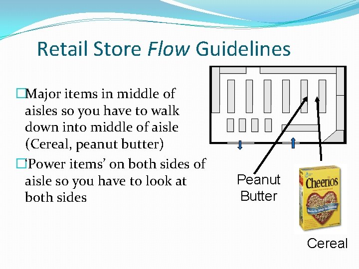 Retail Store Flow Guidelines �Major items in middle of aisles so you have to