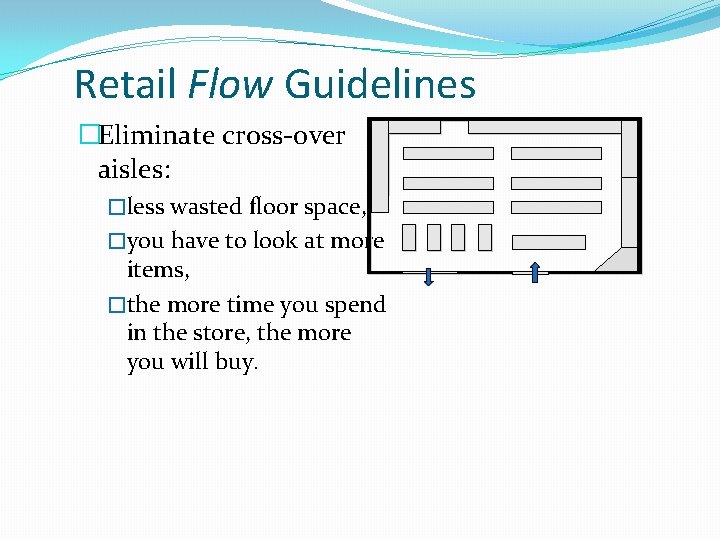 Retail Flow Guidelines �Eliminate cross-over aisles: �less wasted floor space, �you have to look