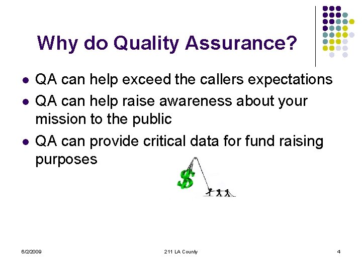 Why do Quality Assurance? l l l QA can help exceed the callers expectations