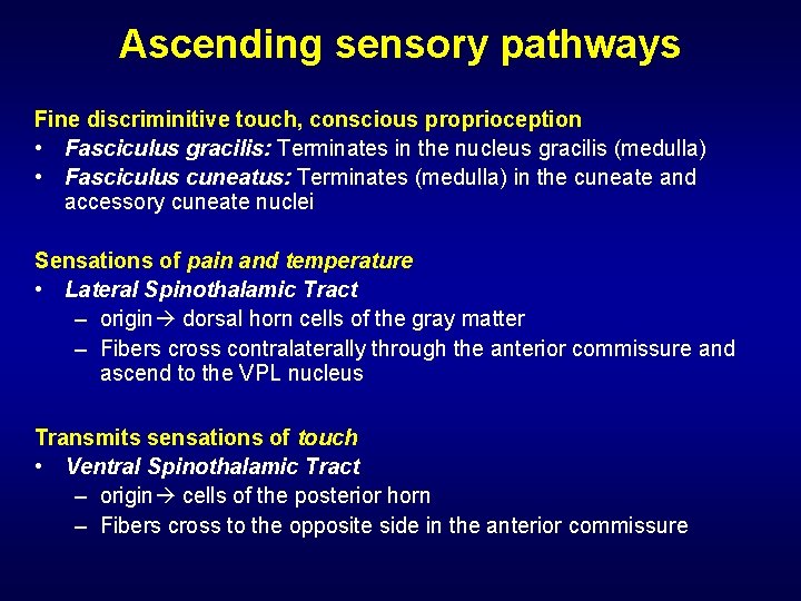 Ascending sensory pathways Fine discriminitive touch, conscious proprioception • Fasciculus gracilis: Terminates in the