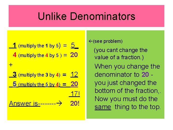 Unlike Denominators 1 (multiply the 1 by 5) = 4 (multiply the 4 by