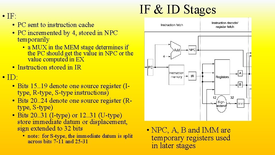 IF & ID Stages • IF: • PC sent to instruction cache • PC