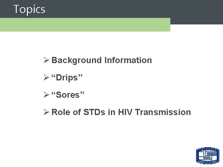 Topics Ø Background Information Ø “Drips” Ø “Sores” Ø Role of STDs in HIV