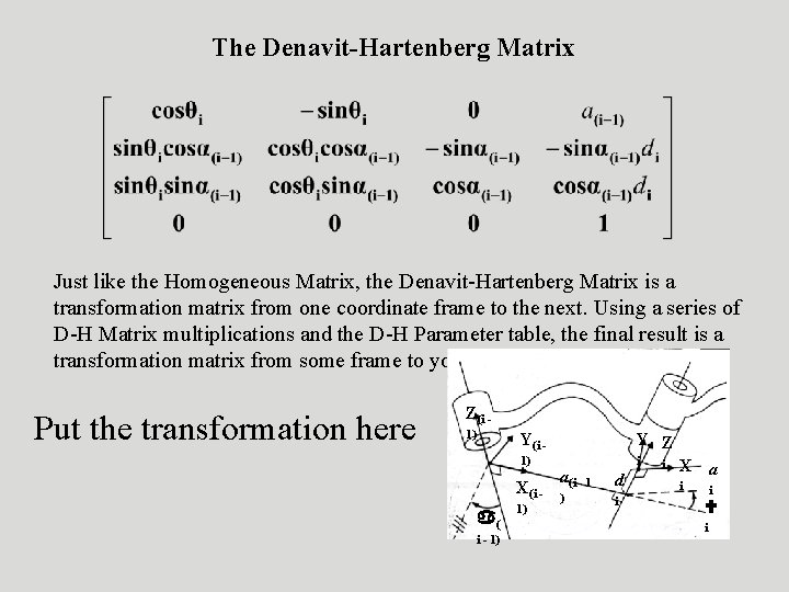 The Denavit-Hartenberg Matrix Just like the Homogeneous Matrix, the Denavit-Hartenberg Matrix is a transformation