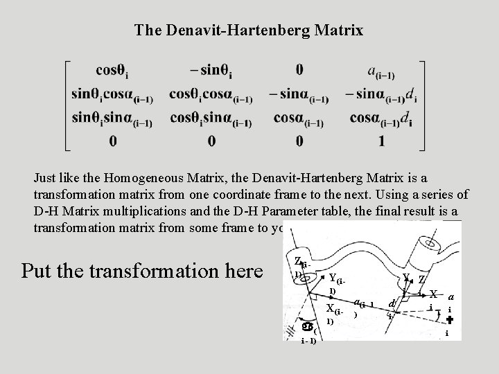 The Denavit-Hartenberg Matrix Just like the Homogeneous Matrix, the Denavit-Hartenberg Matrix is a transformation The Denavit-Hartenberg Matrix Just like the Homogeneous Matrix, the Denavit-Hartenberg Matrix is a transformation