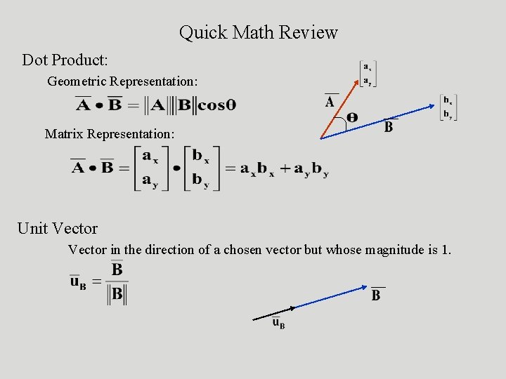 Quick Math Review Dot Product: Geometric Representation: Matrix Representation: Unit Vector in the direction Quick Math Review Dot Product: Geometric Representation: Matrix Representation: Unit Vector in the direction