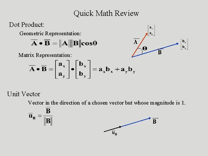 Quick Math Review Dot Product: Geometric Representation: Matrix Representation: Unit Vector in the direction