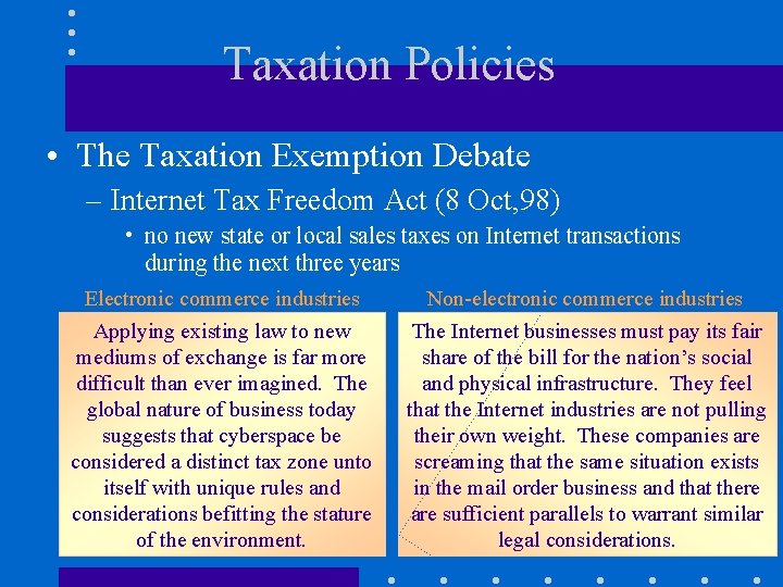 Taxation Policies • The Taxation Exemption Debate – Internet Tax Freedom Act (8 Oct,