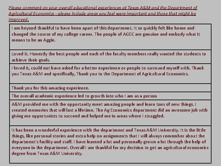 Please comment on your overall educational experiences at Texas A&M and the Department of