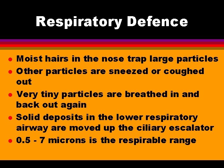Respiratory Defence l l l Moist hairs in the nose trap large particles Other