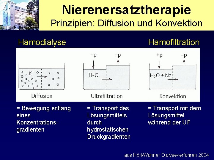 Nierenersatztherapie Prinzipien: Diffusion und Konvektion Hämodialyse = Bewegung entlang eines Konzentrationsgradienten Hämofiltration = Transport