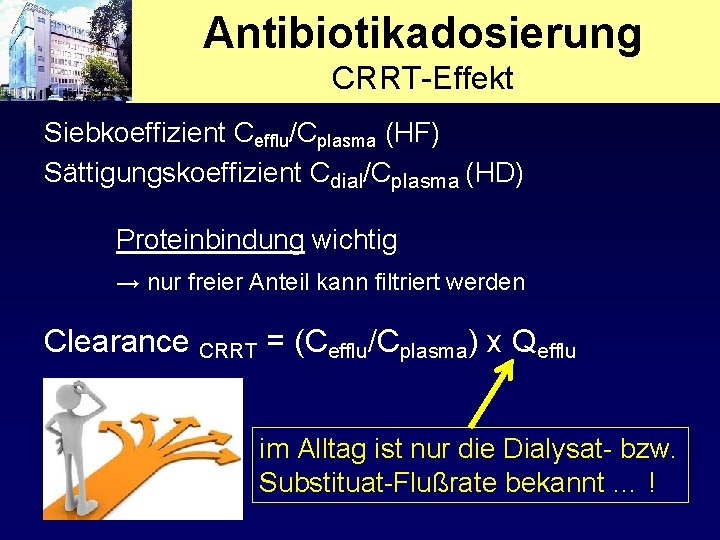 Antibiotikadosierung CRRT-Effekt Siebkoeffizient Cefflu/Cplasma (HF) Sättigungskoeffizient Cdial/Cplasma (HD) Proteinbindung wichtig → nur freier Anteil