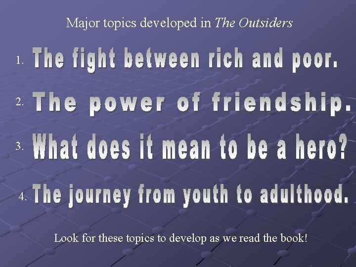 Major topics developed in The Outsiders 1. 2. 3. 4. Look for these topics