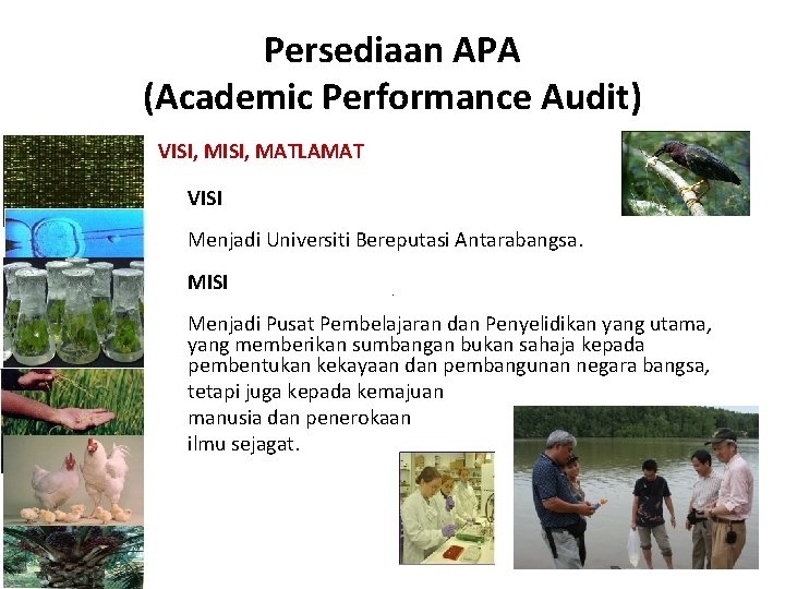 Persediaan APA (Academic Performance Audit) VISI, MATLAMAT VISI Menjadi Universiti Bereputasi Antarabangsa. MISI Menjadi