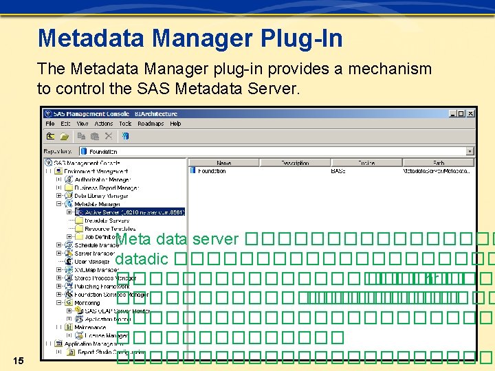Metadata Manager Plug-In The Metadata Manager plug-in provides a mechanism to control the SAS Metadata Manager Plug-In The Metadata Manager plug-in provides a mechanism to control the SAS