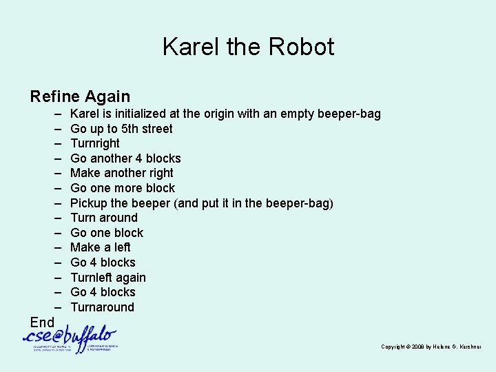 Karel the Robot Refine Again – – – – Karel is initialized at the