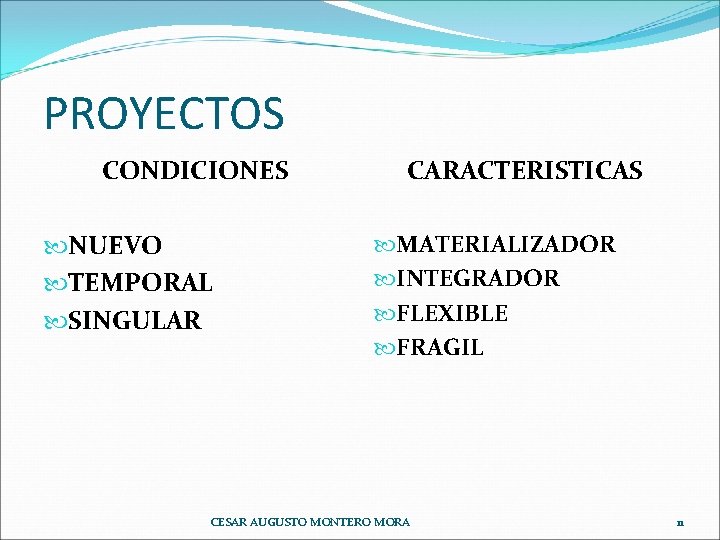 PROYECTOS CONDICIONES NUEVO TEMPORAL SINGULAR CARACTERISTICAS MATERIALIZADOR INTEGRADOR FLEXIBLE FRAGIL CESAR AUGUSTO MONTERO MORA