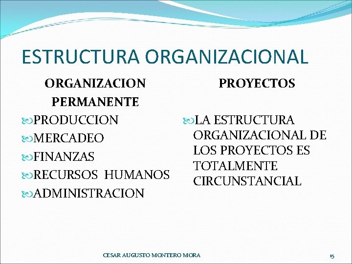 ESTRUCTURA ORGANIZACIONAL ORGANIZACION PROYECTOS PERMANENTE PRODUCCION LA ESTRUCTURA ORGANIZACIONAL DE MERCADEO LOS PROYECTOS ES