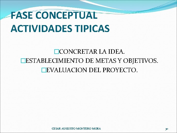 FASE CONCEPTUAL ACTIVIDADES TIPICAS �CONCRETAR LA IDEA. �ESTABLECIMIENTO DE METAS Y OBJETIVOS. �EVALUACION DEL