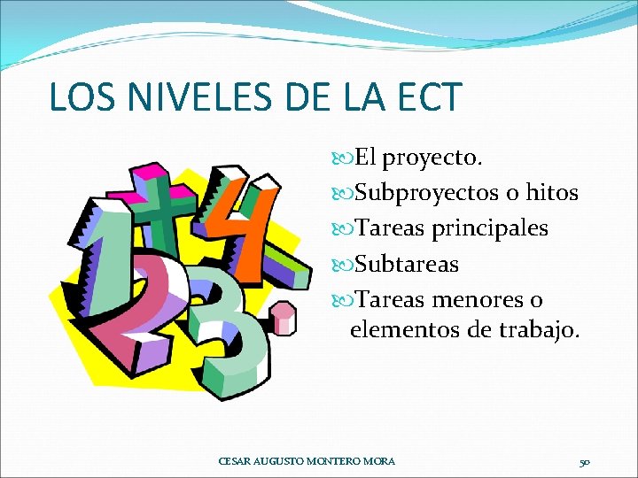 LOS NIVELES DE LA ECT El proyecto. Subproyectos o hitos Tareas principales Subtareas Tareas