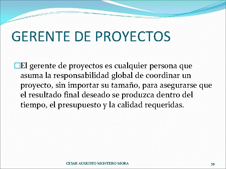 GERENTE DE PROYECTOS �El gerente de proyectos es cualquier persona que asuma la responsabilidad