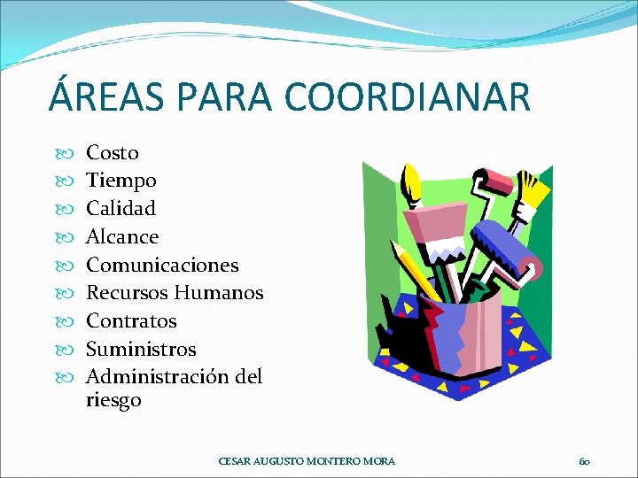 ÁREAS PARA COORDIANAR Costo Tiempo Calidad Alcance Comunicaciones Recursos Humanos Contratos Suministros Administración del