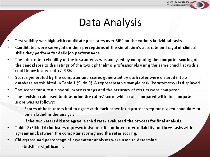 Data Analysis • • Test validity was high with candidate pass rates over 80%