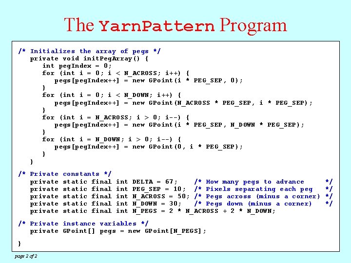 The Yarn. Pattern Program /* Initializes the array of pegs */ import acm. graphics.