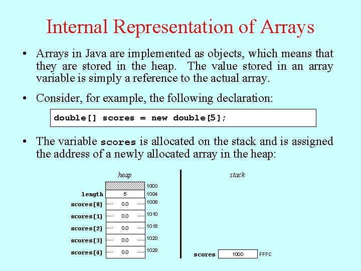 Internal Representation of Arrays • Arrays in Java are implemented as objects, which means