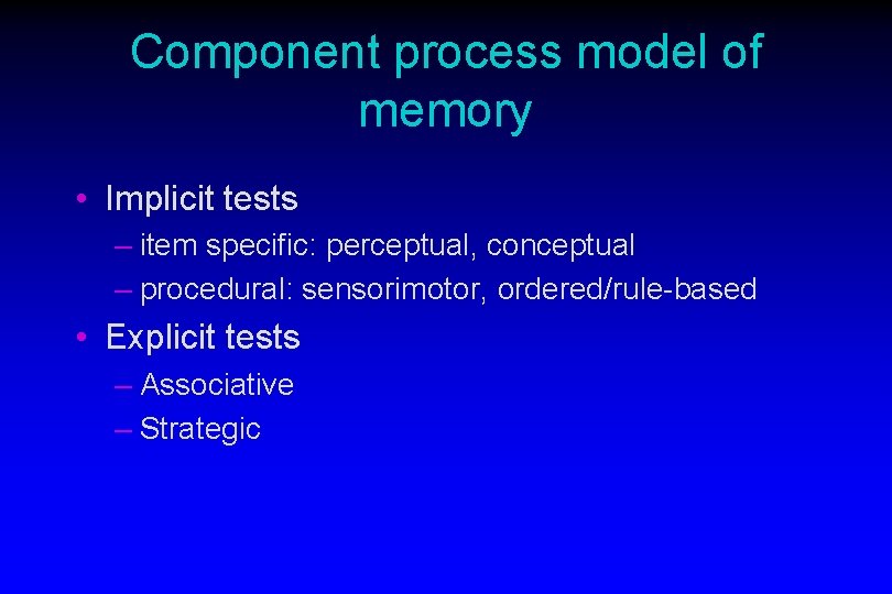 Component process model of memory • Implicit tests – item specific: perceptual, conceptual – Component process model of memory • Implicit tests – item specific: perceptual, conceptual –